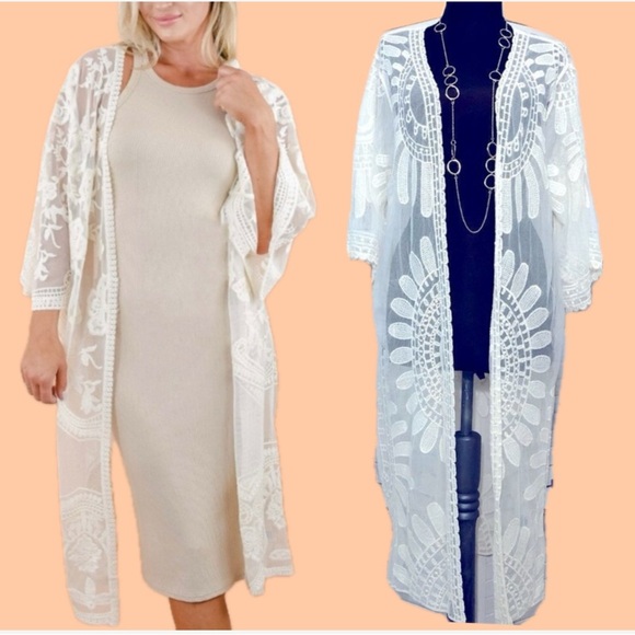 Rebellion Again Small Long Kimono Duster Boho Lace Mesh Cover Up Open Cardigan - Picture 3 of 10